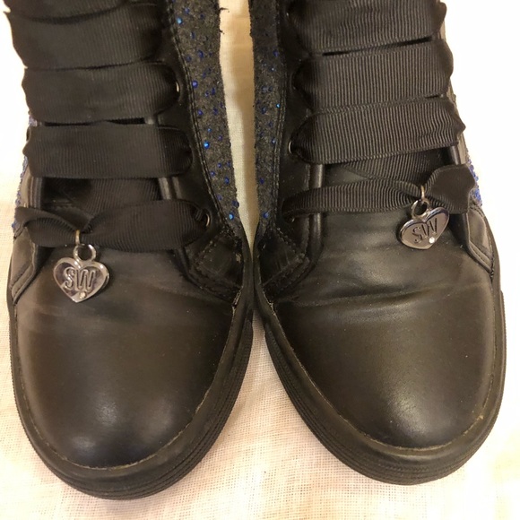 STUART WEITZMAN Girls Black High Top Sneakers Crystal Embellished Vance Wedge 3 - Picture 8 of 13